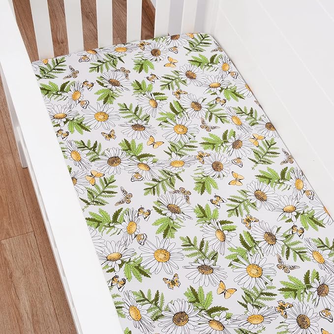 JISEN Baby Crib Sheet 1 Piece Portable Fitted Crib Sheet for Standard Crib and Toddler Mattresses Nursery Bed Decor for Boys Girls 28x52 Inch Daisy Butterfly