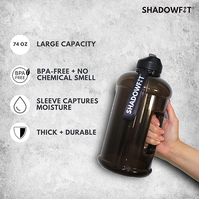 Half Gallon Water Bottles (74 ounce, 2.2 Liter) with Straw Lid Handle and Storage Sleeve - Large Jug Holder with Strap for Drinking during Workout and Exercise