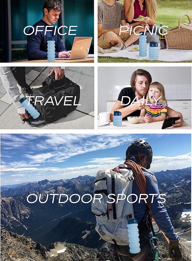 Collapsible Water Bottles, 16 oz 500ml Portable Foldable Water Bottles, Leak Proof Travel Water Bottle Reusable BPA Free Silicone Water Bottles for Travel Gym Camping Hiking (2 Pack Blu)