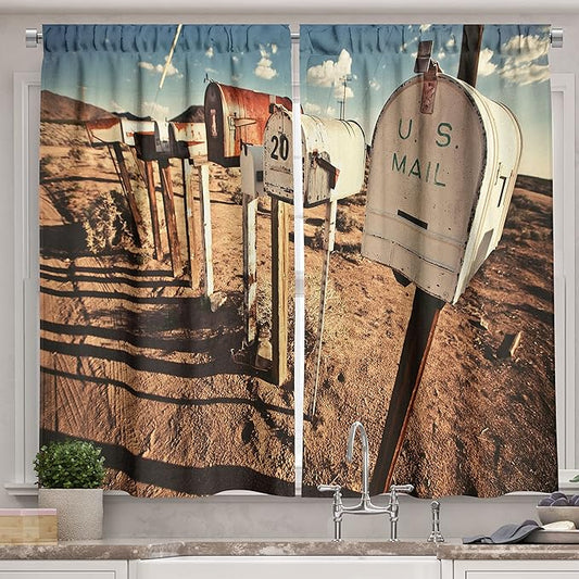 Ambesonne United States Kitchen Curtains, Old Mailboxes in West America Rural Rusty Landscape Grunge Countryside, Window Drapes 2 Panel Set for Kitchen Cafe Decor, 55" x 39", Brown Blue