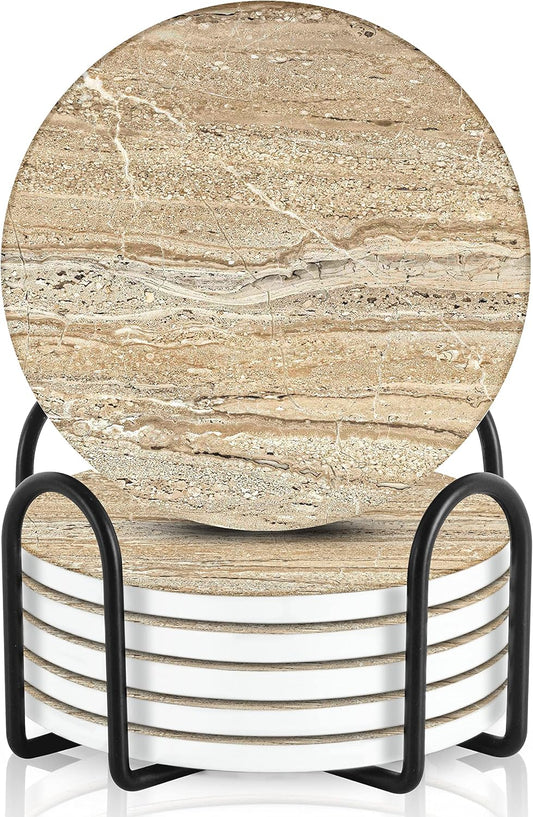 Emerson Coasters for Drinks Absorbent – Natural Stone Drink Coasters Set with Holder, Coasters for Coffee Table, Wooden Tabletop Protection Marble Style – 100% Heavy Duty Set of 6 (Sandstone)