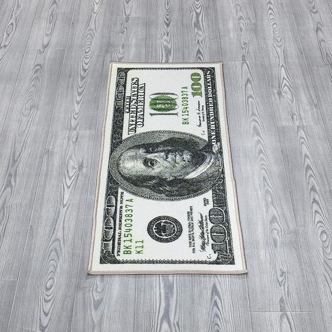 Machine Washable $100 Bill Design Non-Slip Rubberback 17x43 Modern Runner Rug for Hallway, Kitchen, Bedroom, 17" x 43", Green/Multicolor