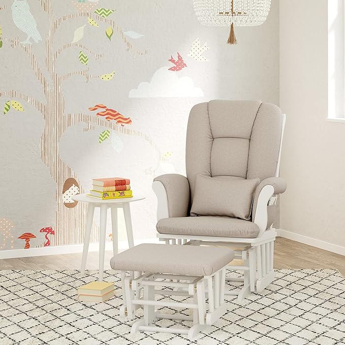 Storkcraft Tuscany Custom Glider and Ottoman with Free Lumbar Pillow (White/Taupe Swirl) - Cleanable Upholstered Comfort Rocking Nursery Chair with Ottoman