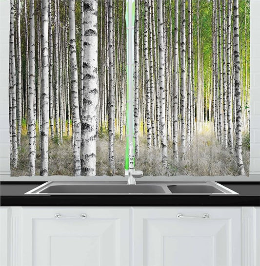 Ambesonne Birch Tree Kitchen Curtains, Peaceful Late Summer Woodland Trunks Leaves Foliage Serene Tranquil, Window Drapes 2 Panel Set for Kitchen Cafe Decor, 55" x 30", Grey Green