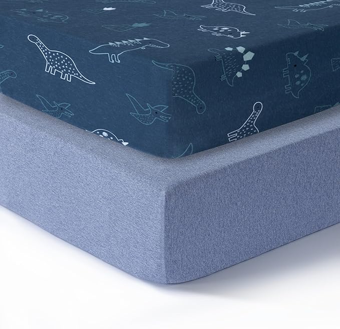 Mini Crib Fitted Sheet, 100% Cotton Knitted Jersey, Pack n Play Sheet, Breathable, Fitted Crib Sheets, Super Soft, Toddler Fitted Sheet,2 Pack,Dino/Denim Blue, 38x24x6