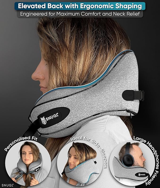 SNUGL Neck Travel Pillow - Memory Foam Airplane Pillow - Flight Pillow | Neck Support Travel Pillow with Carry Bag & Clip | Neck Pillows for Sleeping Travel Plane | Flying Travel Essentials - Grey