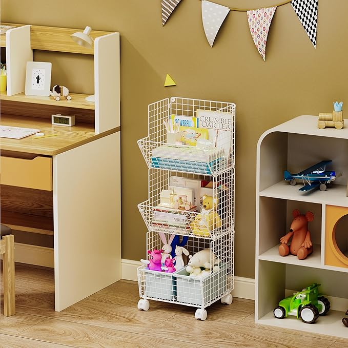 Sonyabecca Toy Organizer Basket Shelf with Wheel, S-Hooks, Rolling Cart Hanging Storage Baskets for Child Room, Playroom, Bedroom, Kitchen (White)