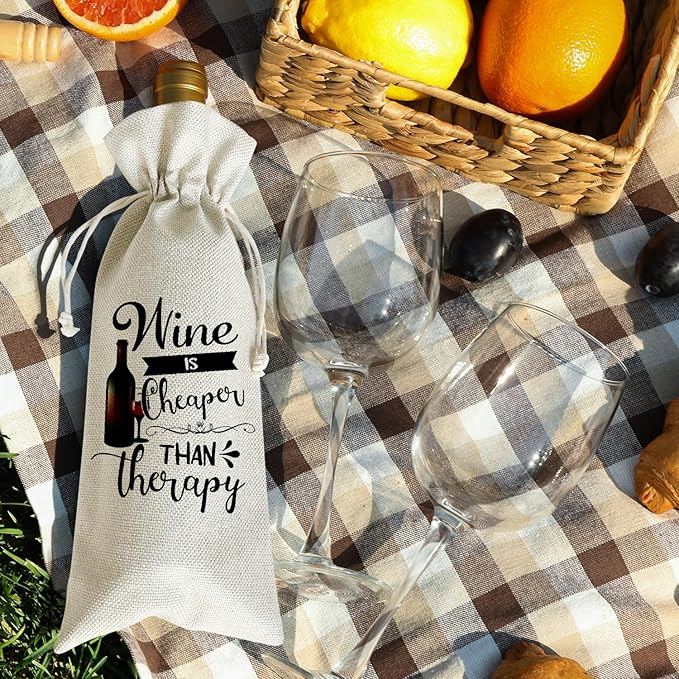 Wine is Cheaper Than Therapy - Wine Canvas Bag, Wine Lover Gift Funny Wine Gift Bag, Birthday Gifts for Women Men, Wine Bags for Wine Bottles, Wine Gifts With Drawstring Holiday Party Decoration -WB22