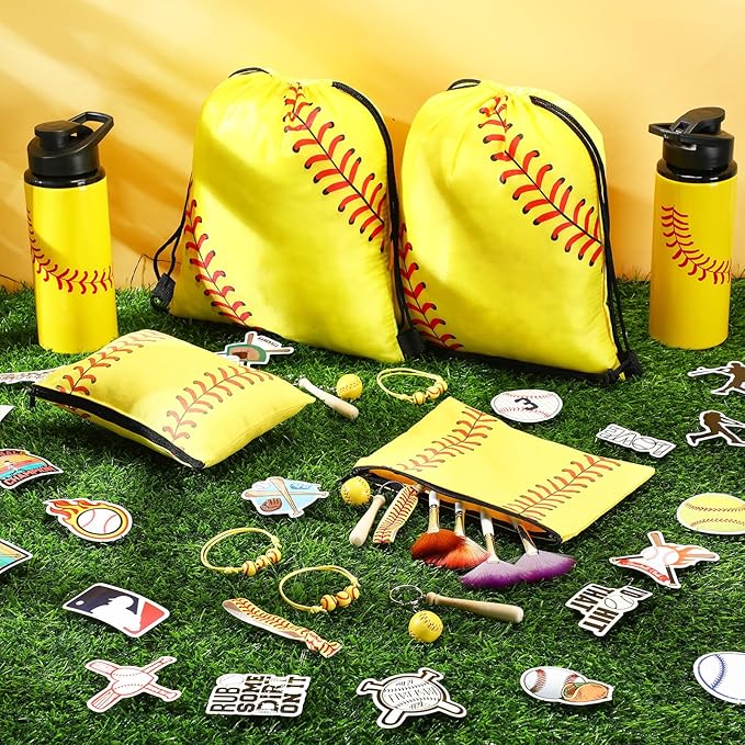 Layhit 134 Pcs Party Favors Set Include Cosmetic Bag Drawstring Backpack Hair Ties Charm Bracelets Silicon Bracelets Water Bottles Keychains Stickers for Sport Team Gifts (Yellow,Baseball)