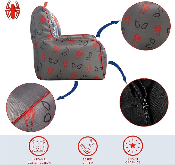 Idea Nuova Marvel Spiderman Toddler Nylon Bean Bag Chair with Piping & Top Carry Handle, Large