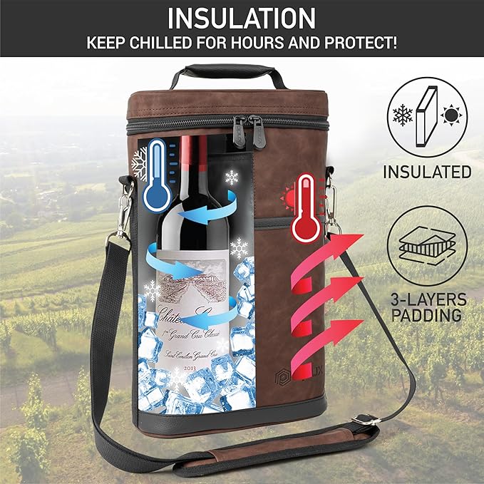 OPUX 2 Bottle Wine Carrier Tote, Insulated Leakproof Wine Cooler Bag, Wine Travel Bag for Picnic BYOB Beach, Portable Wine Bottle Carrying Case, Gift for Wine Lover Women Men Christmas, Brown Leather