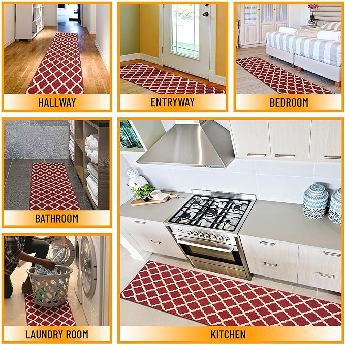 Ottomanson Machine Washable Elegant Trellis Design Non-Slip Rubberback 2x7 Traditional Runner Rug for Hallway, Kitchen, Bedroom, Living Room, 1'10" x 7', Red