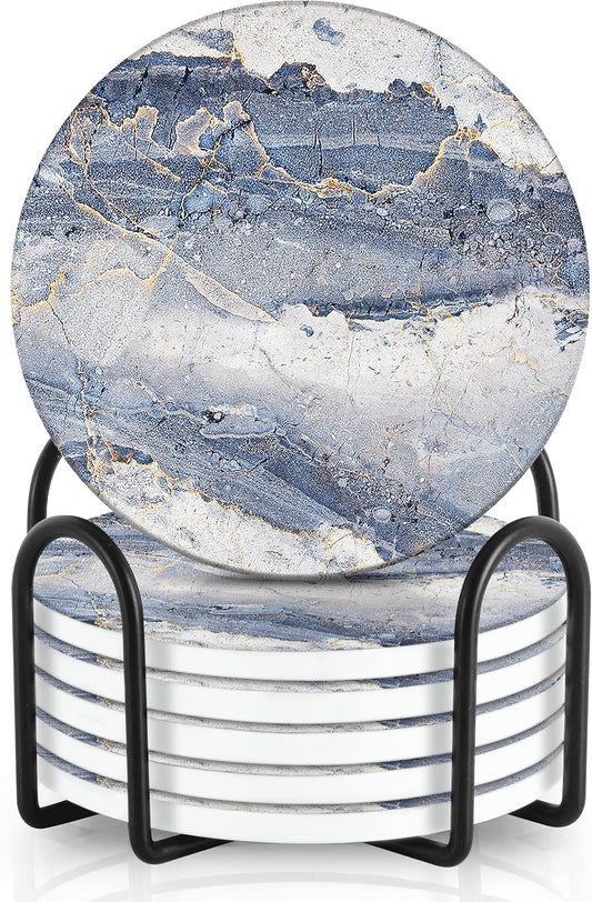 Emerson Essentials Coasters for Drinks Absorbent with Holder, Set of 6, Cork Bottom Ceramic Stone Marble Style for Wooden Coffee Bar Tables, Glass Tabletop Non Slip, Natural Stone