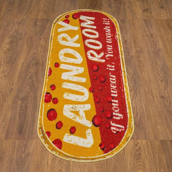 Machine Washable Bubbles Design Laundry Room Rug Non-Slip Rubberback 2x5 Laundry Runner Rug for Laundry Room, Bathroom, Washroom, 20" x 59" Oval, Red/Yellow
