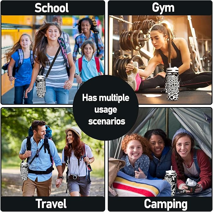 Water Bottle Carrier Bag with Phone Pocket for 40oz Tumbler with Handle, Adjustable Strap Neoprene Water Bottle Sleeve Pouch for Hiking Camping Travelling. (Cow)