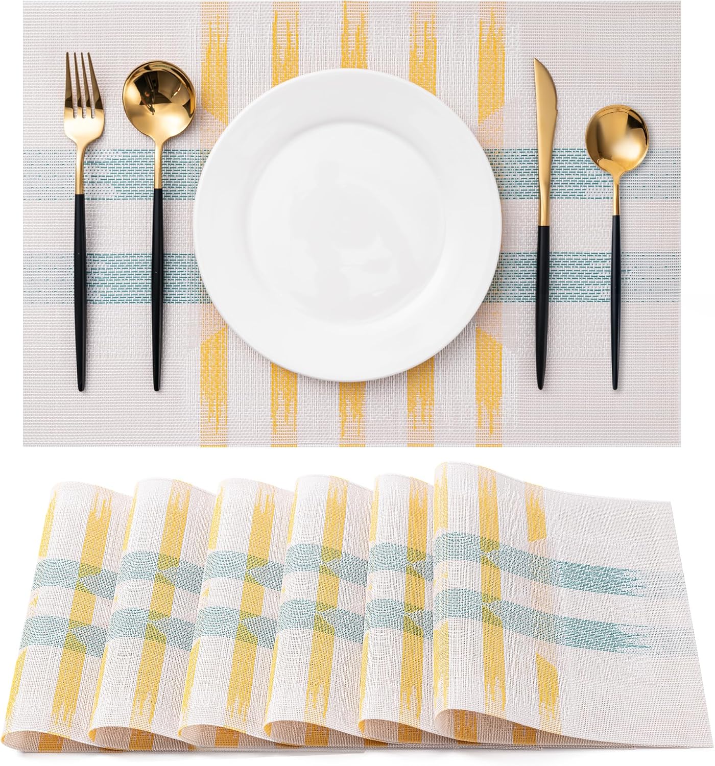 CADONO Placemats Set of 6 Washable Indoor/Outdoor Vinyl Place Mats for Dining Table Durable Non-Slip Heat Resistant PVC Weave Table Mats（Beige Green Cross）