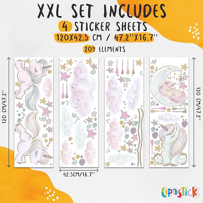 Unicorn Wall Decals for Kids by Lipastick - 209 pcs Unicorn Wall Stickers Peel and Stick - Wall Decals for Girls Kids Baby Nursery Bedroom - Kids Colorful Decals Glittered Moon Stars Clouds XXL Size