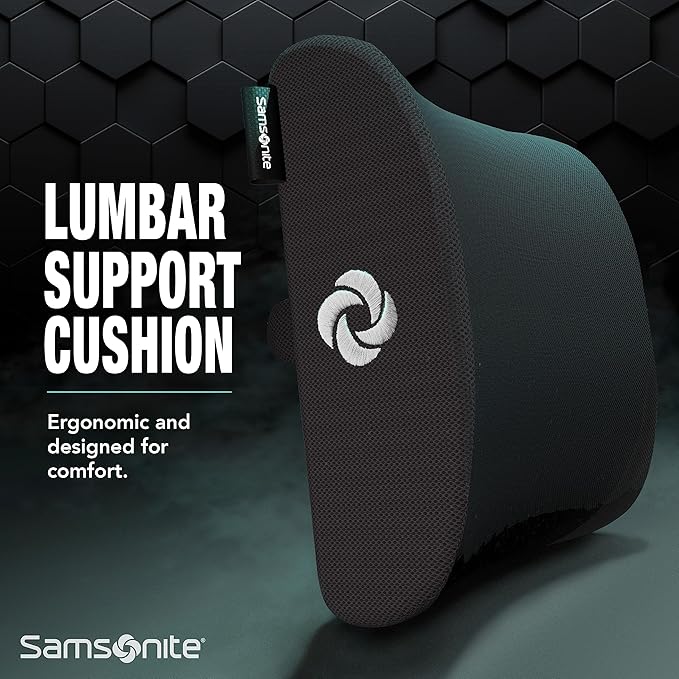 SAMSONITE Lumbar Support Pillow For Office Chair and Car Seat, Perfectly Balanced Memory Foam , Versatile Use Lower Back Cushion