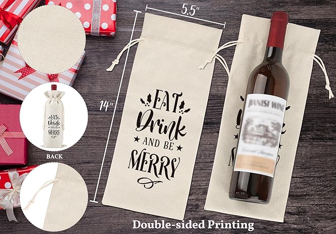 Eat Drink And Be Merry Wine Bag Gifts,Christmas Party Wine Bag,Party Favor Bag,Wine Bag Gift for Friends,Sisters,Besties,Colleagues,Family,Daughters,Sons,Reusable Wine Bag With Drawstring,L49
