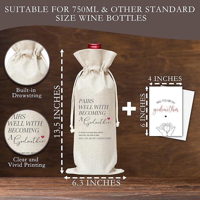 Godmother Gifts Wine Bag & Card, Godmother Proposal Gifts, Wine Bag For God Mother, Pairs Well With Becoming A Godmother Wine Bag For Baby Shower Baby Announcement, Will You Be My Godmother Gifts -05