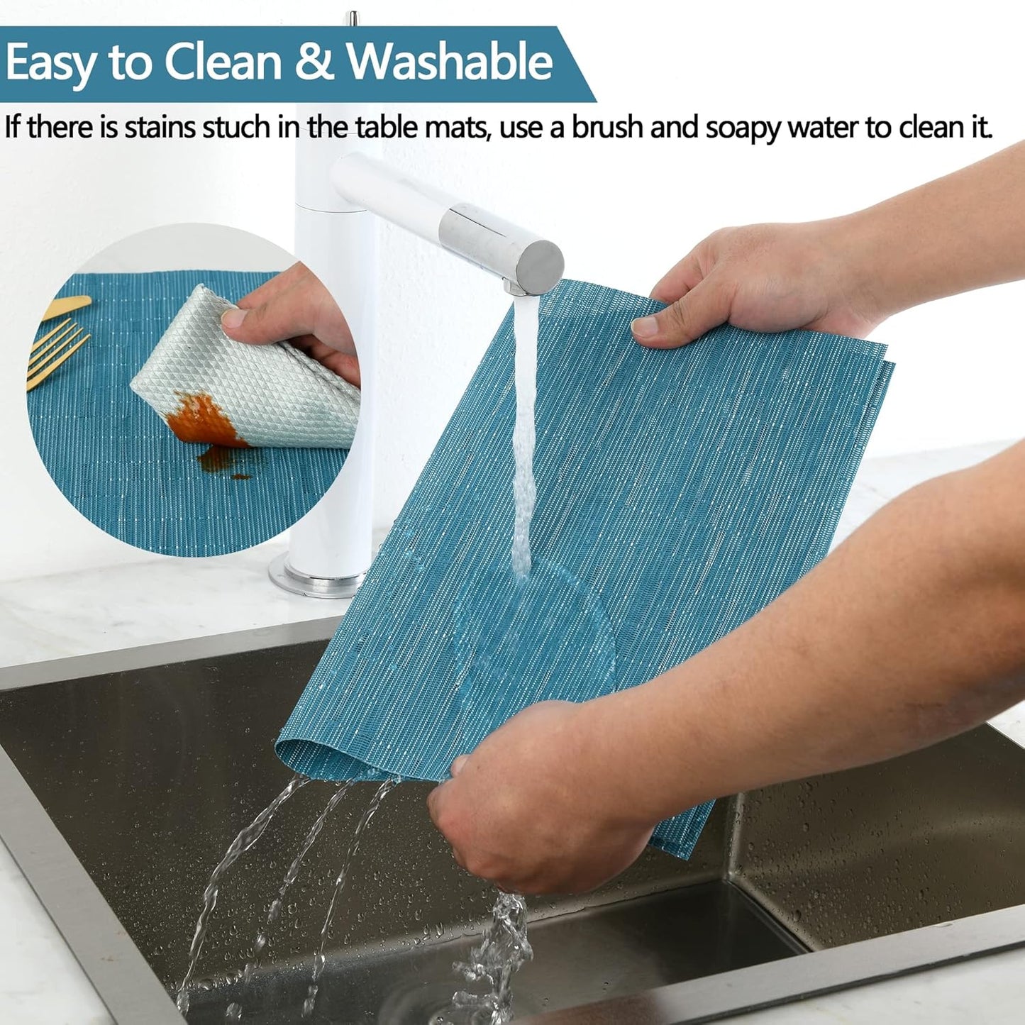 Plastic Place mats Set of 4 - Easy Clean Placemats - Washable Heat Resistant Table Mats for Dining Table - 17x12 Inch (Sky Blue Turquoise, 4)