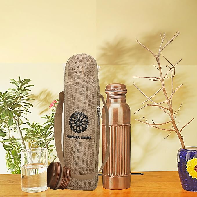 Copper Water Bottle 34 Oz Extra Large Antique Black Ayurvedic Pure Copper Vessel With Carrying Bag For Drinking Drink More Water Leak Proof, Easy To Carry For Sports Copper Bottle 1000 ML
