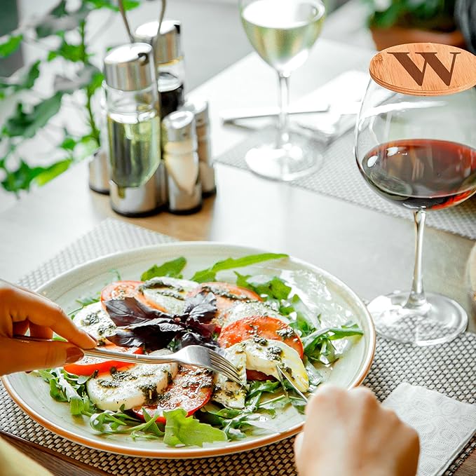 Personalized Wine Glass Charcuterie Topper - Custom Laser Engraved Initial Bamboo Wine Glass Topper Stopper Coasters Plate ID Identification Wine Glass Charcuterie Board Topper (Letter W)