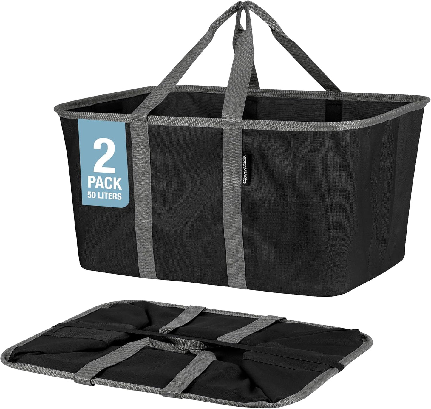 CleverMade Collapsible Laundry Tote - Midnight Black Shadow Gray 2-Pack 50L - Foldable Storage Organization Container for Clothes Laundry Room Storage