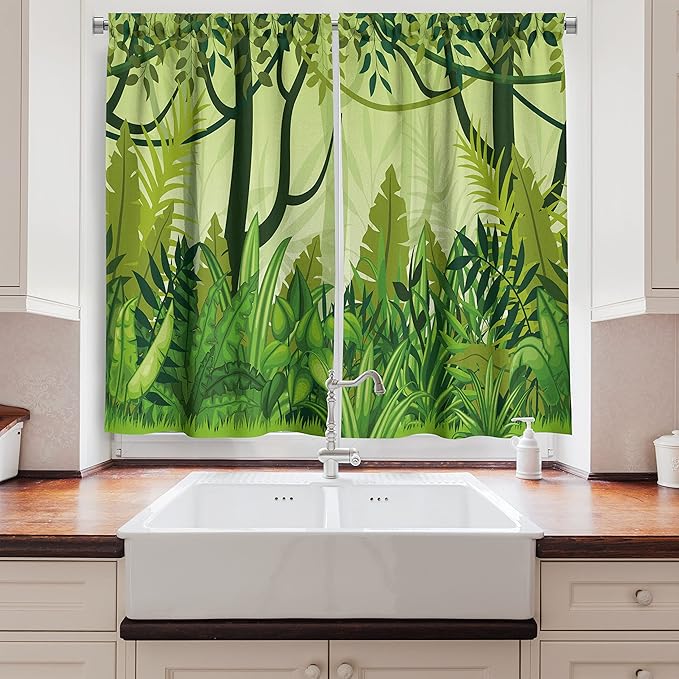 Ambesonne Plant Kitchen Curtains, Cartoon Style Jungle Depiction Hand Drawn Digital Rainforest Leaves Bushes Trees, Window Drapes 2 Panel Set for Kitchen Cafe Decor, 55" x 39", Forest Green
