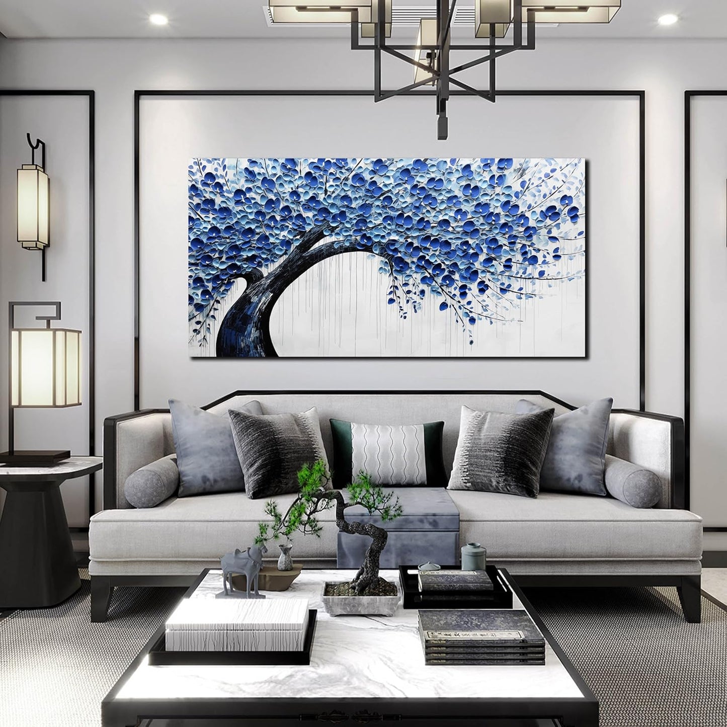 Large Wall Art for Living Room Bedroom Home Office Blue Tree of Life Wall Art Floral Picture Framed Wall Decor Modern Canvas Prints 24x48 In
