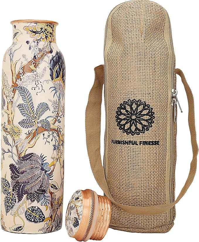 Copper Water Bottle 34 oz Pure Hammered Ayurvedic Pure Copper Vessel For Drinking Leak Proof Bottle With Carry Bag for Sport Fitness Yoga Sports Copper Bottles 1000 ML