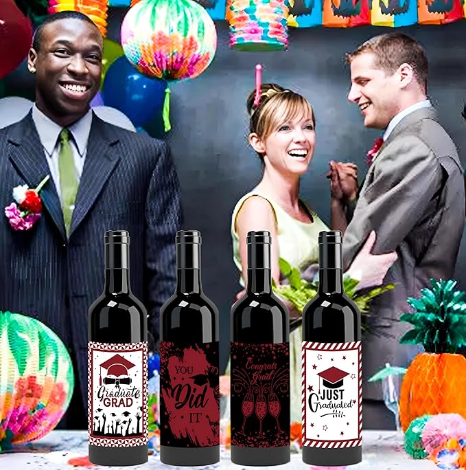 24Pcs Graduation Gift Wine Labels Congrats Grad Wine Bottle Stickers Graduation Party Waterproof Wine Bottle Decoration Cover for College Congrats Graduation Party Decorations, 4 Design
