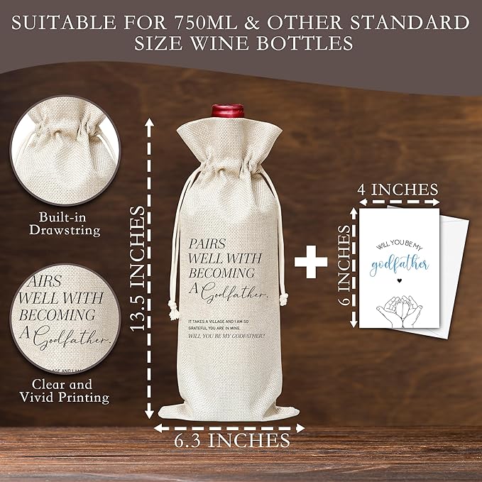 Godfather Gifts Wine Bag & Card, Godfather Proposal Gifts, Wine Bag For God Father, Pairs Well With Becoming A Godfather Wine Bag For Baby Shower Baby Announcement, Will You Be My Godfather Gifts -02