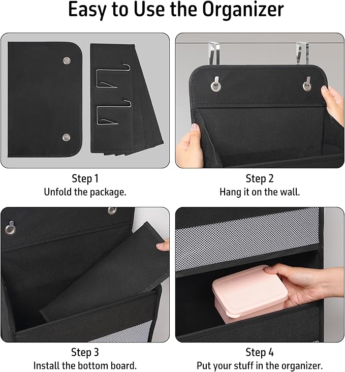 Heavy Duty Over Door Organizer, Hanging Organizer Storage with 4 Large Capacity Pockets, Closet Bathroom Nursery Bedroom Dorm, Toys Cosmetics Sundries and Baby Essentials, Black