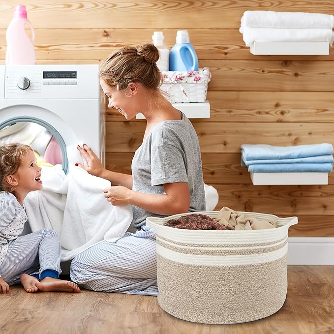 Large Cotton Rope Basket Blankets Basket Living Room 22"x14" Toy Basket for Kids Rope Storage Basket for Nursery Woven Laundry Basket for Clothes Towels Baby Toy Storage round white brown