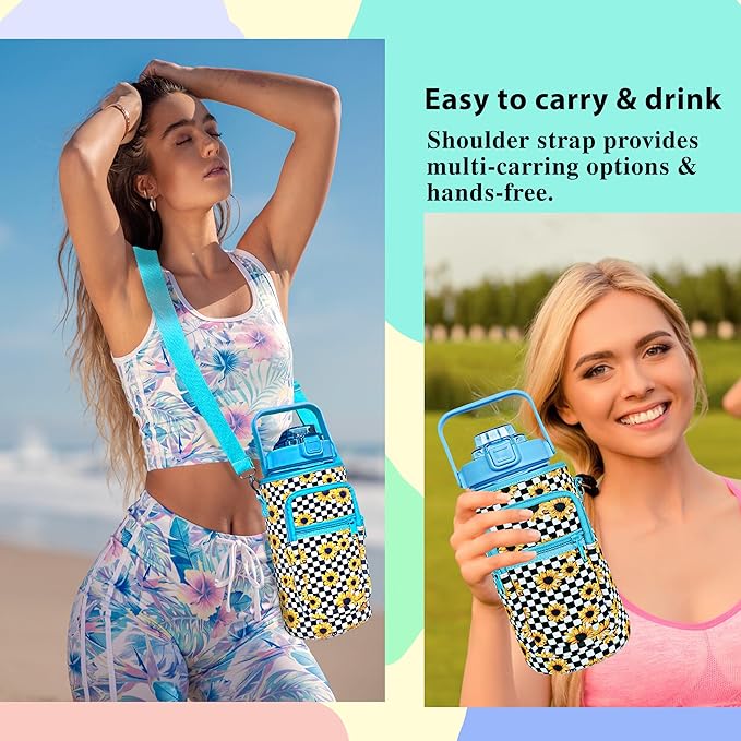 64 oz Water Bottle with Straw Sleeve & Strap Motivational Half Gallon Water Jug with Handle for Gym Women Men Aesthetic Water Bottle with Strap Sunflower