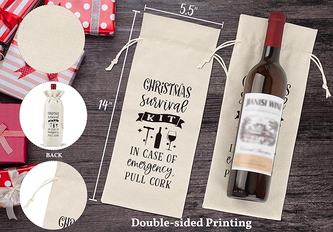 Christmas Survival Kit,In Case of Emergency Pull Cork,Wine Bag Gift for Friends,Sisters,Besties,Colleagues,Family,Daughters,Sons,Goody Bag,Party Favor Bag,Reusable Wine Bag With Drawstring,L45