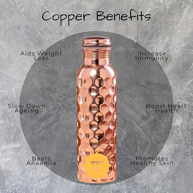 Pure Copper Metal Water Bottle - 32 oz - Indian Handmade Ayurveda Healing Drinking Water Bottle for Travel, Hiking, Gym, Office, Outdoor - Glossy Honeycomb