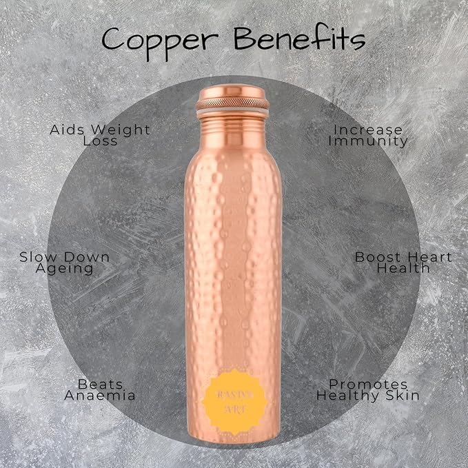 Pure Copper Metal Water Bottle - 32 oz - Indian Handmade Ayurveda Healing Benefit Drinking Water Bottle for Travel, Hiking, Gym, Office, Outdoor - Glossy Hammered