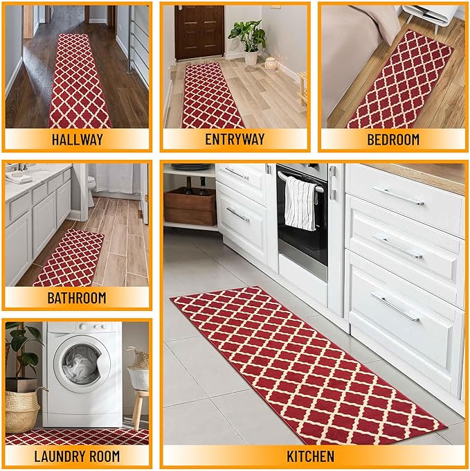 Ottomanson Ottohome Collection Non-Slip Rubberback Elegant Trellis Design 2x5 Indoor Runner Rug, 20" x 59", Red