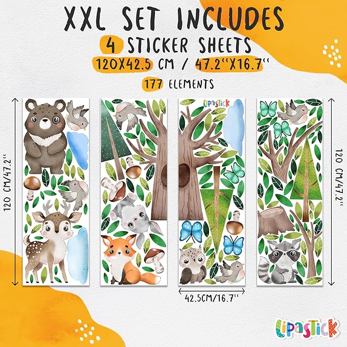 Large Animals Wall Decals for Kids by Lipastick – 177 pcs Woodland Animals Wall Stickers – Forest Animal Wall Decals for Kids Boys Baby Girls – Kids Wall Decals Bear Fox Deer Hare Raccoon Owl XXL Size