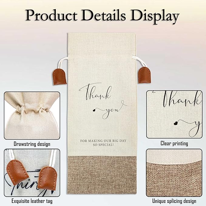 Thank You Wine Bag, Wine Champagne Bottle Gift Bag, Cotton Linen Wine Gift Bag With Drawstring, Party Favor Thank You, Thank You Gift for Thanksgiving Wedding Christmas Birthday Party-1