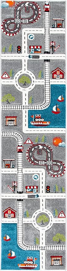 SAFAVIEH Carousel Kids Collection Runner Rug - 2'3" x 10', Grey & Ivory, Non-Shedding & Easy Care, Ideal for High Traffic Areas for Boys & Girls in Playroom, Nursery, Bedroom (CRK192F)