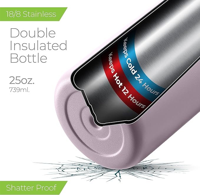 SipX™ Triple-Insulated Stainless Steel Water Bottle 25oz. With 3 Lids, BPA-Free Reusable Insulated Water Bottle Keeps Cold 24 Hours, Metal Water Bottle Made Of Sustainable Material For Hiking & Biking