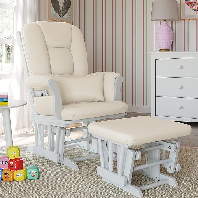 Storkcraft Tuscany Custom Glider and Ottoman with Free Lumbar Pillow (White/Beige) - Cleanable Upholstered Comfort Rocking Nursery Chair with Ottoman