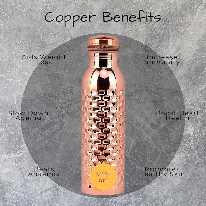 Pure Copper Metal Water Bottle - 32 oz - Indian Handmade Ayurveda Healing Drinking Water Bottle for Travel, Hiking, Gym, Office, Outdoor - Glossy Brick