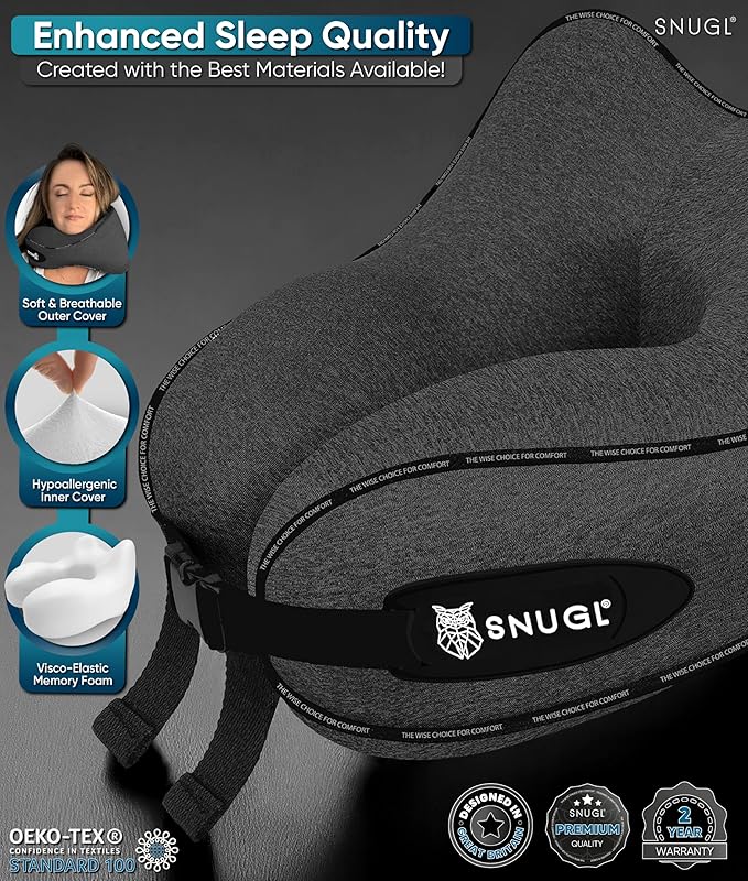 SNUGL Neck Travel Pillow - Memory Foam Airplane Pillow - Flight Pillow | Neck Support Travel Pillow with Carry Bag & Clip | Neck Pillows for Sleeping Travel Plane | Flying Travel Essentials, Dark Grey