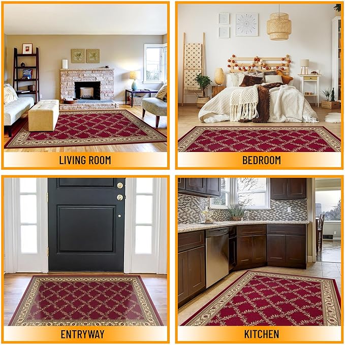 Ottomanson Machine Washable Trellis Design Non-Slip Rubberback 5x7 Modern Area Rug for Living Room, Bedroom, Dining Room, Office, 5' x 6'6", Red Trellis