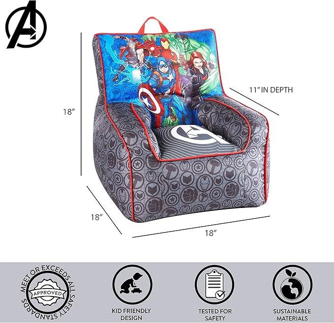 Idea Nuova Marvel Avengers Toddler Nylon Bean Bag Chair with Piping & Top Carry Handle, Large