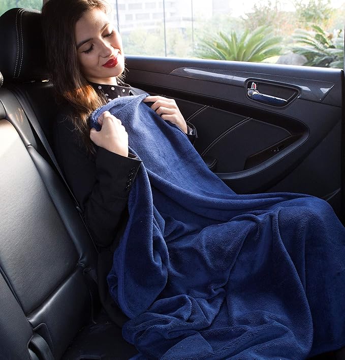 BlueHills Premium Soft 2-Pack Travel Blanket Pillows Airplane Large Plane Flight Throw Travel Blankets for Two in a Bag Compact Traveling Essentials Warm Travel Gifts Long Navy Blue T011